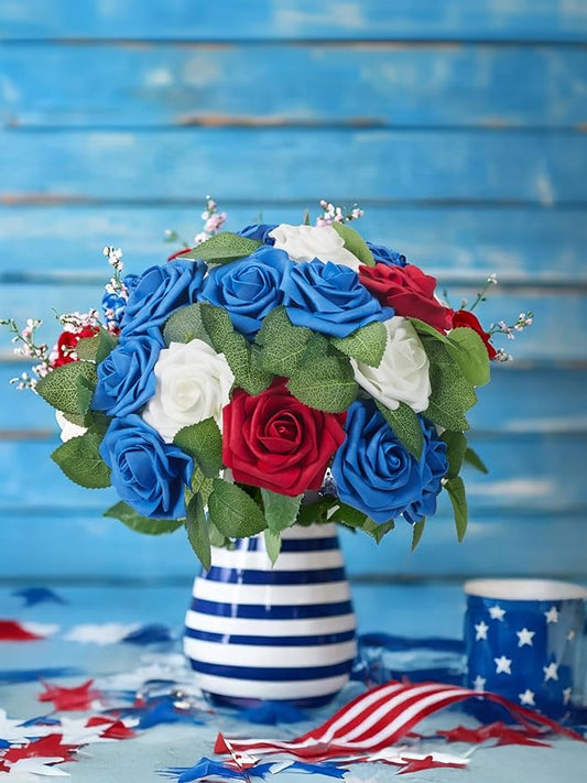 InnoGear Artificial Flowers, 50 Pcs Royal Blue Foam Fake Roses Bulk with Stems for Decoration Celebration DIY Wedding Bouquets Centerpieces Bridal Shower Party Christmas Tree