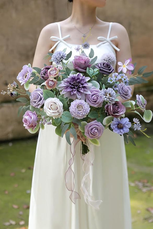 Purple Artificial Flowers Combo Box Set Silk Flowers Fake Rose for DIY Floral Arrangements Wedding Bouquets Centerpieces Baby Shower Party Home Decorations