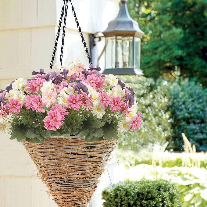 4 Pcs Artificial Daisy Flowers Outdoor UV Resistant Silk Flowers for Outside Pink Faux Daisy Bouquet Arrangement for Spring Summer Garden Porch Window Box Planter Front Door Patio Balcony Decor