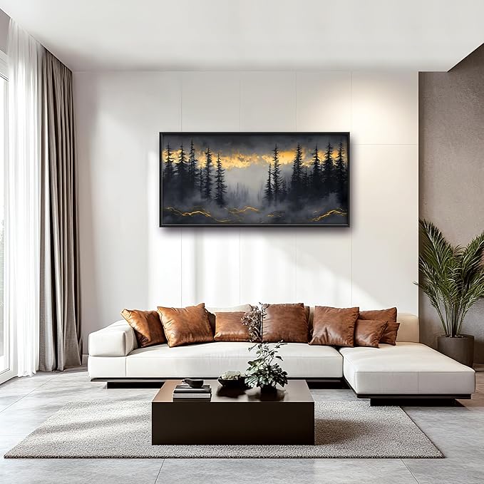 Misty Forests Large Decor Framed Wall Art Gold and Black Pictures for Living Room, Foggy Forest Landscape Oversized Canvas Print Painting Modern Extra Large Framed Artwork for Bedroom Office 60"x30"