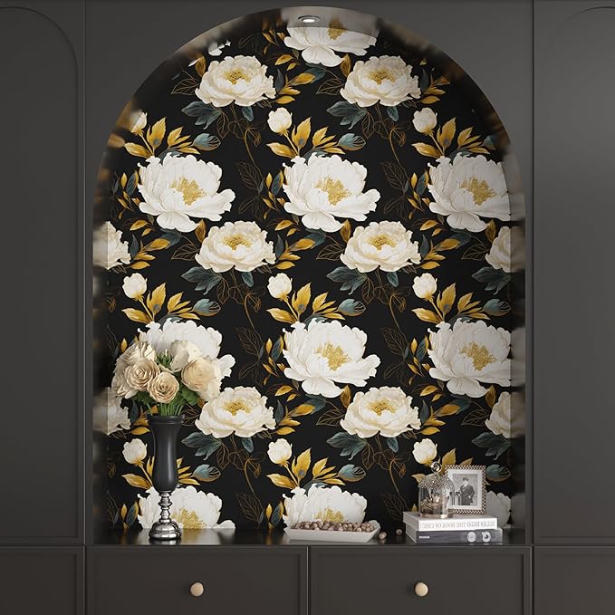 Vintage Dark Floral Wallpaper Peel and Stick, White Peony Flower with Gold Leaf Removable Contact Paper for Bedroom Cabinet Drawer, Boho Botanical Wall Decor Black White Gold 17.5" x 118"