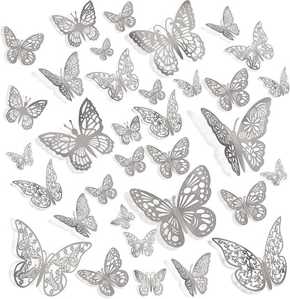 144 Pcs 3D Butterfly Wall Stickers Decor 6 Styles 3 Sizes, Silver Removable Butterfly Decals Room Wall Decor for Kids Nursery Classroom, Wedding, Party, Baby Shower