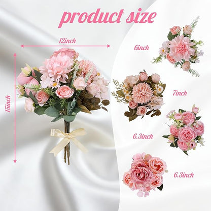 Bulk 12 Bundles Artificial Peonies Flowers, Silk Roses, Faux Dahlias & Chamomile in Hydrangea Bouquet for Vase Filler, Wedding Centerpiece, Home Party Decor