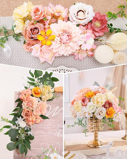Senseya Artificial Flowers Combo, Champagne Silk Roses, Peonies, Dahlias with Stems for DIY Wedding Bouquets, Baby Shower, Table Centerpieces, Home Decor, Fake Floral Arrangements, Party Decorations