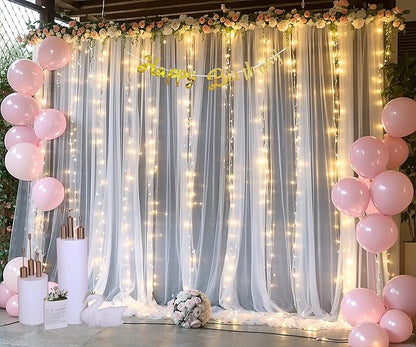 White Tulle Backdrop Curtain with Lights String for Parties Wedding Bridal Shower Sheer White Curtain Backdrop for Birthday Baby Shower Photo Booth Photography Background Decorations 10ft x 8ft