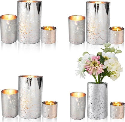 CHILL RECIPE Silver Cylinder Vases Glass Candle Holders Bulk, Mercury Hurricane Candle Holder Small Flower Vases for Centerpieces Tea Light Pillar Votive Candles Wedding Decor Party (4 Set 12Pcs)
