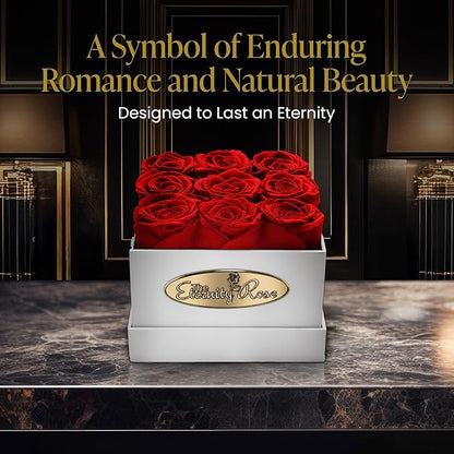 The Eternity Rose 9-Piece Preserved Roses in a Luxury Gift Box – Real Roses in Square White Box – A Valentine’s Gift as Everlasting as Your Love