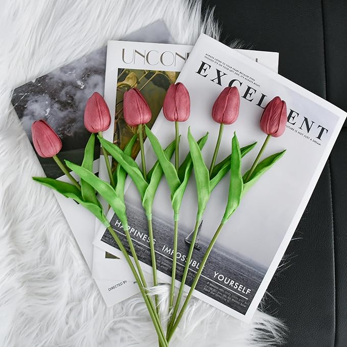 Mandy's Artificial Tulips 20 Stems Mauve PU Faux Flowers for Thanksgiving and Christmas Decorations Wedding Home Decor 13.5 Inch