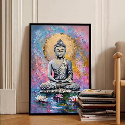 Lotus and golden Buddha meditation tranquil zen wall art mindfulness wall art for spiritual harmony and tranquility decor 16x24in Metal blackFramed