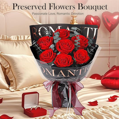Preserved Flowers Bouquet 7 Roses - Red Real Rose & Flowers for Delivery, Long-Lasting Flower with Gift Box, Eternal Roses Bouquet for Mothers, Mom, Wife, Anniversary Birthday Gifts for Women, Black