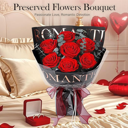 Preserved Flowers Bouquet 7 Roses - Red Real Rose & Flowers for Delivery, Long-Lasting Flower with Gift Box, Eternal Roses Bouquet for Mothers, Mom, Wife, Anniversary Birthday Gifts for Women, Black