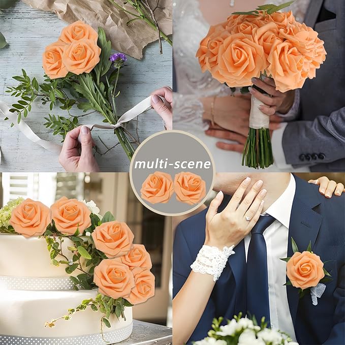 100PCS Orange Artificial Flowers Roses Real Looking Foam Fake Roses with Leaves and for DIY Wedding Bouquets Bridal Shower Centerpieces Party Decorations (Orange, 100)