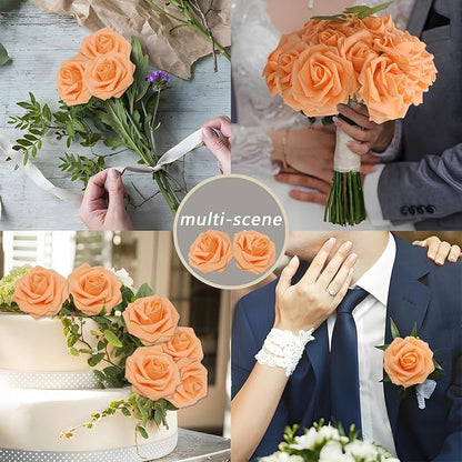 100PCS Orange Artificial Flowers Roses Real Looking Foam Fake Roses with Leaves and for DIY Wedding Bouquets Bridal Shower Centerpieces Party Decorations (Orange, 100)