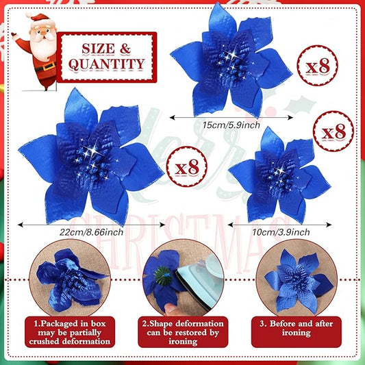 WILLBOND 24 Pcs 3 Size Poinsettia Flower Artificial Christmas Decor Glitter Poinsettia Christmas Ornaments Faux Flowers for Xmas Tree Outdoor(4/6/7.9 Inches,Royal Blue)