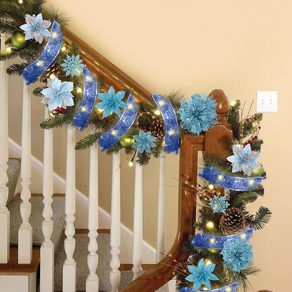 72Pcs Poinsettia Christmas Flowers with Ribbon - 9 Styles Glitter Artificial Poinsettia Christmas Ornaments for Wreath, Garland, Holiday Decor (Blue)
