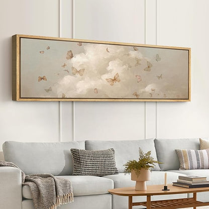 SIGNFORD Large Framed Canvas Print Wall Art Butterflies in the Clouds Dreamy Neutral Sky with Flying Butterflies Illustrations Modern Art Relax/Calm Warm for Living Room, Bedroom, Office - 60"x20"