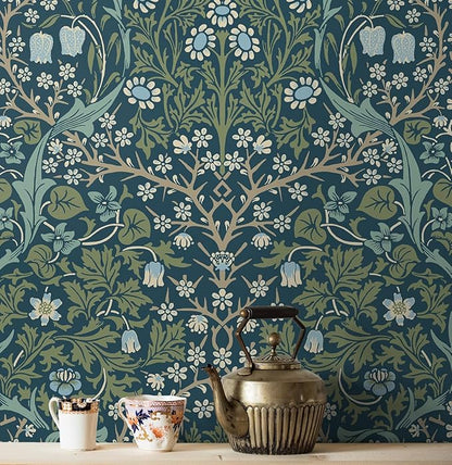 NextWall Seabrook Designs Victorian Garden Floral Vintage Prepasted Wallpaper (Prussian Blue & Moss Green)