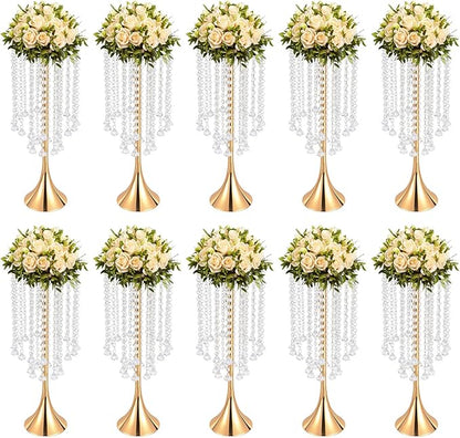 Crystal Chain Flower Vases, 10 Pcs Acrylic Vase Stands with Hand Strung Beads Top Flower Plate Enlarged Trumpet-Shaped Base and Easy Assemble Tabletop Wedding Crystal Flower Stands for Home Decoration