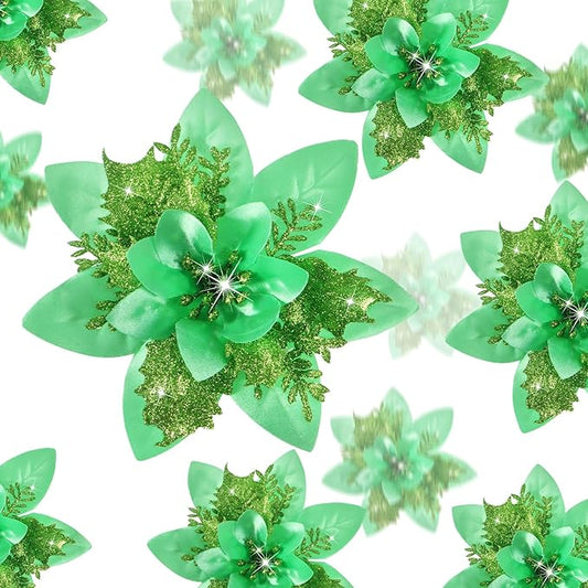Geosar 36 Pcs Christmas Glitter Artificial Poinsettia Flowers Xmas Poinsettia Artificial Wedding Flowers Decorations Xmas Tree Ornaments with Clips for Party, 6 Inch, 4 Inch, 3 Inch(Emerald Green)