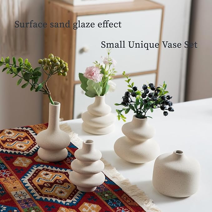 Small White Ceramic Vases Set of 5, Mini Decorative Boho Vases for Flower, Wedding & Home Decor