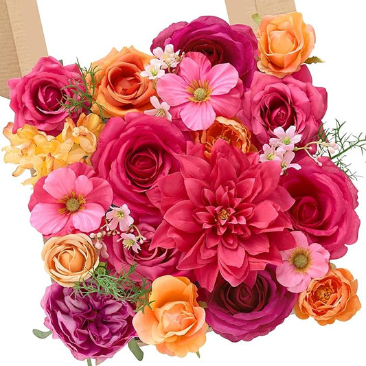 Serwalin Artificial Hot Pink & Orange Flowers, Magenta Silk Fake Flowers, Autumn Faux Flowers for Wedding Bouquet, Table Centerpieces, Home Decor