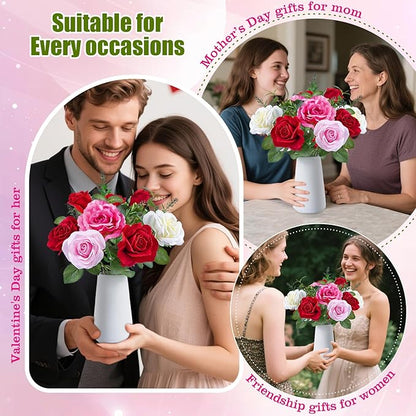 Artificial Roses with Flowers Scent Tablets with White Ceramic Basin Red White Pink Lifelike Faux Roses Fake Flowers for Wedding Party Festivals Home and Office Indoor Outdoor Decor