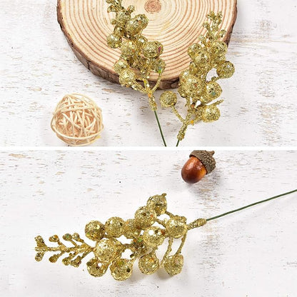 DearHouse 14 Pack Christmas Glitter Berries Stems, 7.8Inch Artificial Christmas Picks for Christmas Tree Ornaments, DIY Xmas Wreath, Crafts, Holiday and Home Decor (Gold)