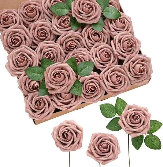 Ling's moment Artificial Flowers 50Pcs Dusty Rose Roses Decor w/Stems,3" Real Touch DIY Foam Floral for Wedding Bouquet/Centerpieces, Outdoors Party Backdrop, Room/Table, and Garden/Pot Decorations