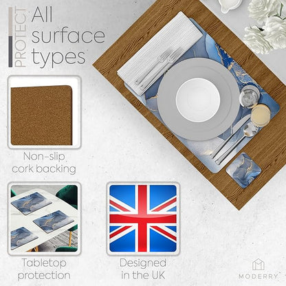 Set of 4 Heat Resistant Cork Placemats for Dining Table with Free Set of 4 Matching Drink Coasters Marble Design 16 x 12 Inches Cork Backed Hard Placemats (Blue & Gold)