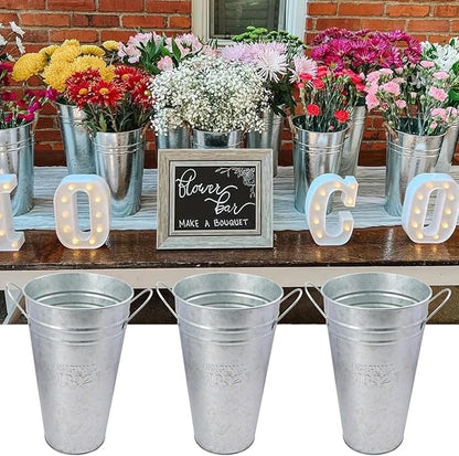 3 Packs 12 Inch Tall Galvanized Metal Flower Vases with Handles, Metal Flower Buckets for Cut Flowers, Country Wedding, Table Centerpiece Decorations(Sliver)