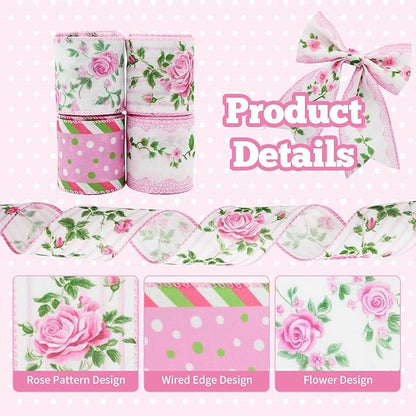 4 Rolls Pink Rose Floral Wired Edge Ribbon – 2.5 Inch, 5 Yards Each, Summer Grosgrain Set for Wedding Decor, Gift Wrapping, DIY Crafts, Mother's Day Gift