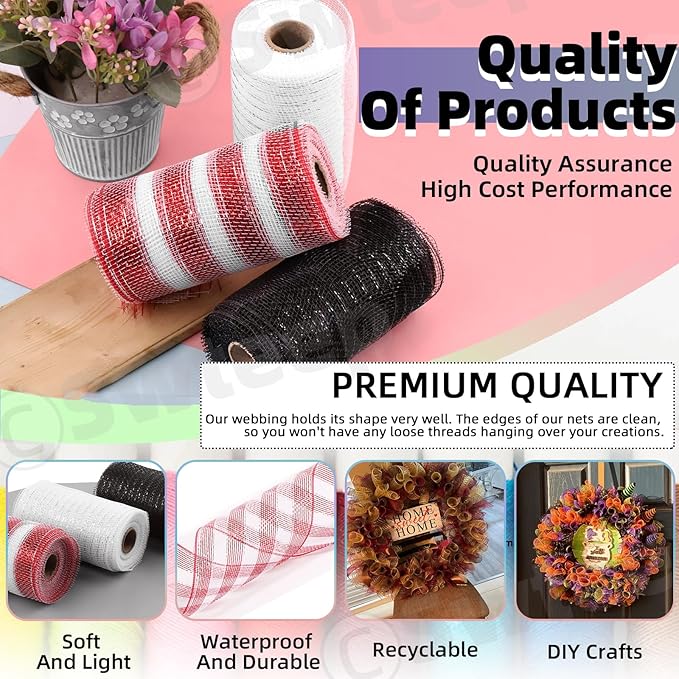 Swpeet 3 Rolls 6 Inches Mesh Ribbon Glitter Metallic Wrapping Ribbon Kit, Glitter Tulle Fabric Spool Ribbon Metallic Foil Mesh Ribbon for DIY Project Wreaths Party Decorations Wrapping Craft