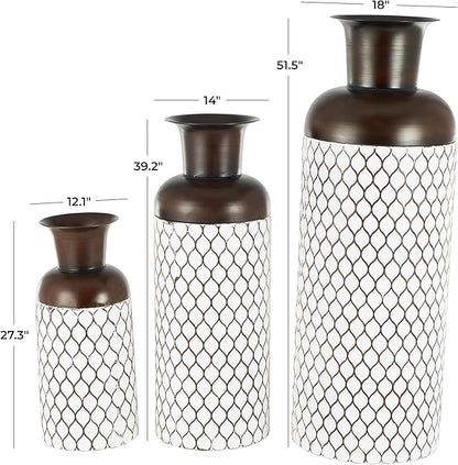 Deco 79 Metal Decorative Vase Tall Trellis Floor Centerpiece Vases with Brown Trumpet Tops, Set of 3 Flower Vases for Home Decoration 52", 39", 27" H, White