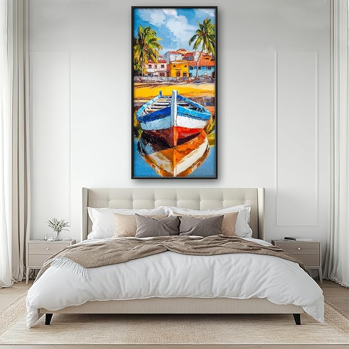 Colorful Boat Wall Art Large Tropical Coastal beach Pictures Wall Decor nautical seaside Canvas Prints Graffiti summer vacation painting Framed Artwork for bathroom Bedroom Living Room 30"x60"