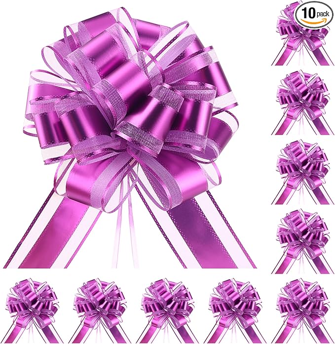 10-Pack Lavender Color Pull Bows for Gift Wrapping - 6 Inch Reusable Ribbon Bows, Large Instant Floral Decor Bows for Wedding, Christmas, Birthday Decor, Gift Basket & Party Decorations