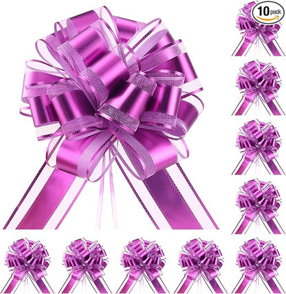 10-Pack Lavender Color Pull Bows for Gift Wrapping - 6 Inch Reusable Ribbon Bows, Large Instant Floral Decor Bows for Wedding, Christmas, Birthday Decor, Gift Basket & Party Decorations