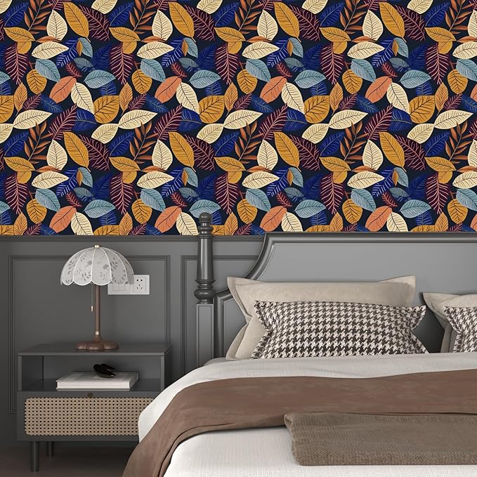 Colorful Leaf Wallpaper Peel and Stick,Vintage Botanical Contact Paper 17.5" x 118",boho leaves Wall Mural Self Adhesive Removable Waterproof for Bedroom Walls Bookcase Drawers Cabinet Table Locker