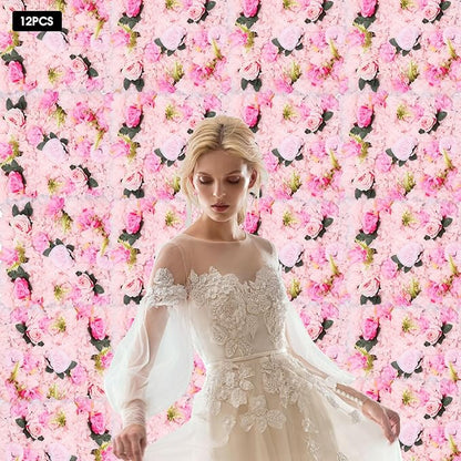Flower Wall Panel Set,Artificial Wall Flower Backdrop,12 Pcs 23.62 * 15.74in3D Silk Hydrangea Rose Floral Panel,Faux Roses Artificial Flower Backdrop for Wall Decor (12PCS Light Pink)