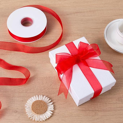 Sheer Organza Ribbon 1 Inch Chiffon Ribbons for Gift Wrapping, Flower Bouquet, 50 Yards/Roll (Red)