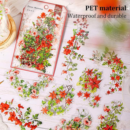 Floral Vine PET Stickers – 60PCS Vintage Botanical Design, Waterproof & Pre-Cut, Large Size for Journals, Junk Journals, Scrapbooking, and Craft