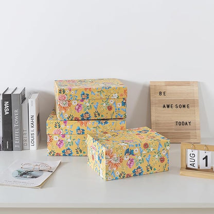 Soul & Lane Decorative Storage Boxes with Hinged Lids, Golden Bloom - Set of 3: Floral Memory Keepsake Boxes with Lids, Cardboard Photo Storage for Organizing, Home Décor, Gifts