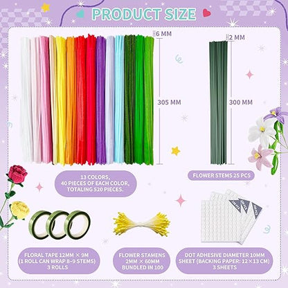 572 PCS Pipe Cleaners Flower Kit, 13 Colors Chenille Stems with Floral Wires, Stamen, Tapes, Dot Glue, Instruction & Gift Box – DIY Craft Set for Handmade Bouquets