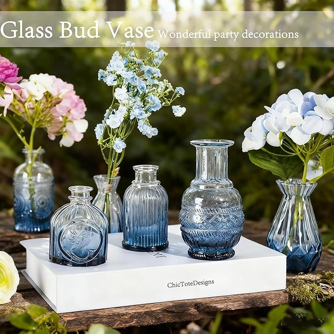 Bud Vases Set of 12 Pcs, Blue Mini Glass Vases for Flowers, Vintage Small Vase for Centerpieces, Small Flower Vase Design for Wedding Decorations Home Flower Party Decor