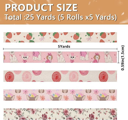 Strawberry Bowknot Fabric Ribbon for Gift Wrapping Crafts Flower Bouquet Wedding Party Decorative Assorted Patterns 5 Yards×5 Rolls