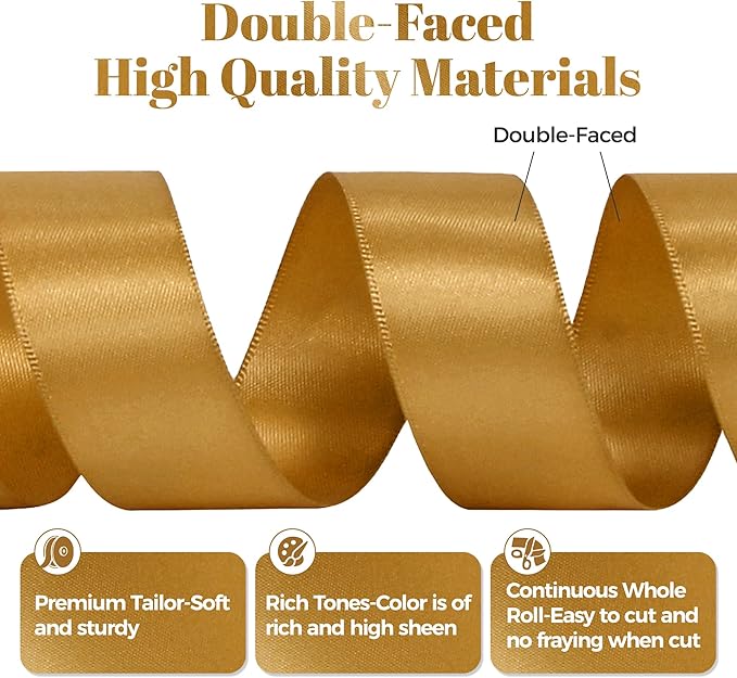 Old Gold Satin Ribbon, Double Faced 1 Inch X 25 Yards Old Gold Ribbon, Premium Satin Ribbon for Gift Wrapping, Crafts, Hair Bow Making, Sewing, Flower Bouquet, Wedding Party Decor