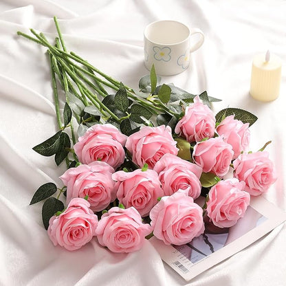 Kisflower 60 Pcs Pink Roses Artificial Flowers Bulk, Silk Roses with Stems Realistic Roses Artificial for Decoration DIY Wedding Bouquet Bridal Shower Party Home Table Centerpieces Decor (Pink)