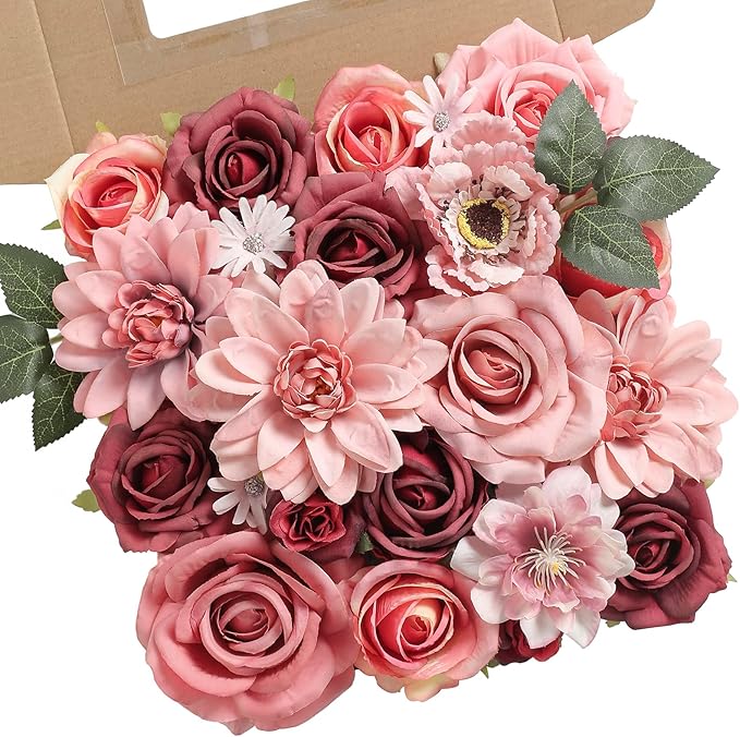 Burgundy Artificial Flowers Combo Set Fake Flower Leaf Box with Stemst for DIY Wedding Bridal Bouquet, Centerpieces, Home Decor, Floral Arrangement Decor