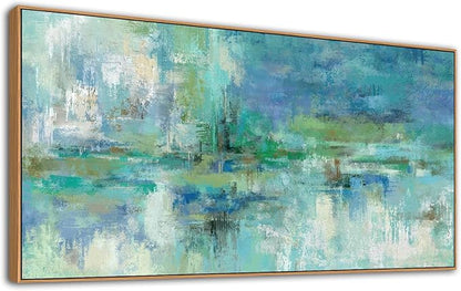 VEAEE Framed Abstract Wall Art - Teal Turquoise Green Colorful Modern Canvas Pictures, Living Room Wall Decor, Contemporary Landscape Painting Prints for Bedroom Bathroom Office Decor 24" x 48"