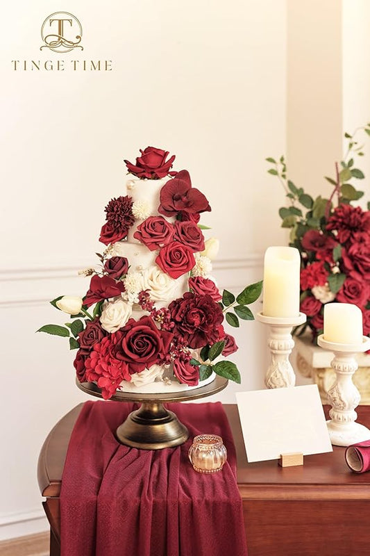 TINGE TIME Artificial Flowers Combo Mix Silk Flowers Red Roses w/stem for DIY Wedding Bridal Bouquets Baby Shower Floral Arrangement Table Centerpieces Home Decorations (Burgundy)