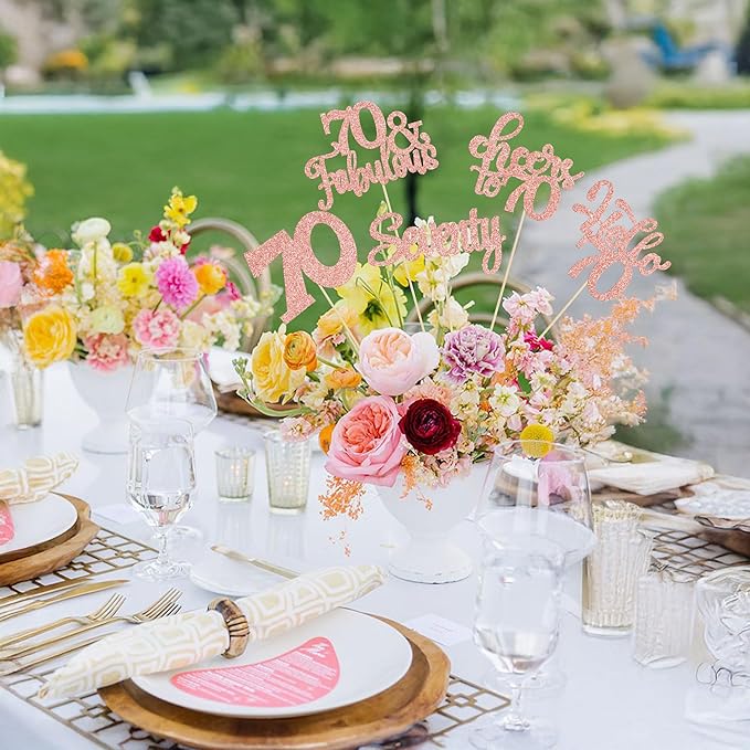 Gyufise 15Pcs 70th Birthday Centerpiece Sticks Seventy Happy 70th Table Flower Centerpieces Sticks Cheers to 70 Floral Decorations for 70th Birthday Party Centerpieces Supplies Rose Gold